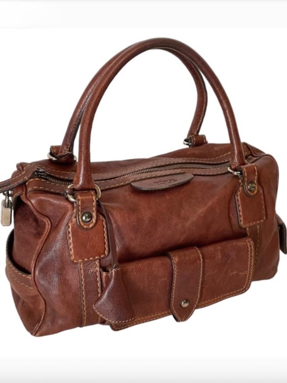TOD'S Cognac Brown Leather Hand Bag Made in Italy